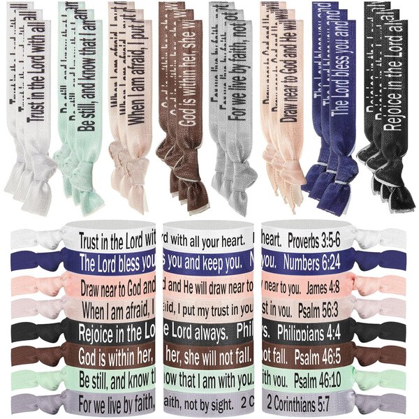 Solsew 48 Pcs Bible Verses Ribbon Hair Ties Christian Bible Verse Bracelet Bulk Christian Religious Elastic Ponytail Holder Wristbands for Women, Christian Gifts Bulk for Christians Bible Lovers
