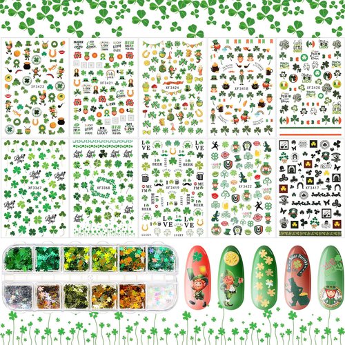10 Sheets St. Patrick's Day Nail Art Stickers 3D Self-Adhesive Nail Decals and 12 Grids Shamrock Glitter Nail Sequins Holographic Nail Sequins for St. Patrick's Day Decoration