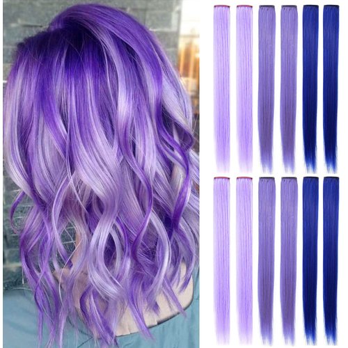 Fcysws 12 Pcs Colored Clip in Hair Extensions 21 Inch Heat-Resistant Synthetic Straight Hair Extensions for Women Girls Gift Party Highlights Multi-colored Hairpiece (Light purple,Lavender,Blue)