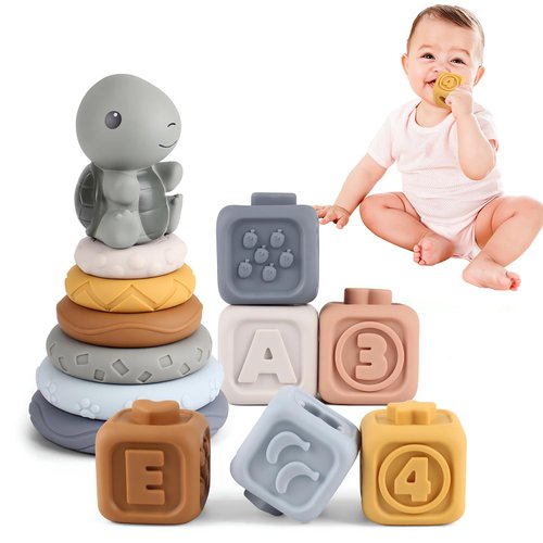 lecover Montessori Toys for Babies,Soft Stacking Building Blocks Rings Sets, Baby Blocks Soft Building Blocks Baby Toys Teethers Toy, Baby Toys Gifts for Boy Girl
