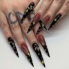 ANDGING Black Press on Nails Long Stiletto French Tip Fake Nails with Gold Moon Star Design Glue on Nails for Women Acrylic False Nails Stick on Nails Manicure Press on Nail for Wedding 24Pcs