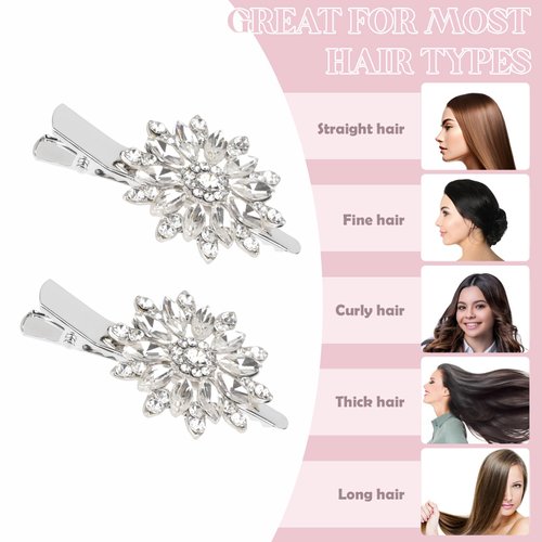 2PCS Rhinestone Hair Clips Crystal Flower Hair Clip Valentines Wedding Bling Hair Accessories for Women Bride Bridesmaid, French Hairpins Fancy Hair Barrettes Hair Jewelry