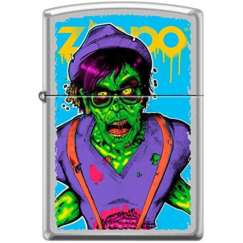 Zippo Neon Hipster Zombie Walking Dead Satin Chrome WindProof Lighter NEW