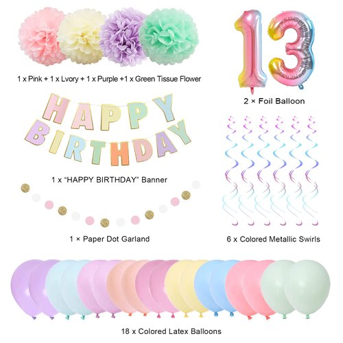 BRT Bearingshui 13th Birthday Decorations for Girls Boys, 40 Inch Rainbow Gradient Number 13 Balloon, 13th Birthday Balloon, Happy Birthday Banner, Children’s 13th Birthday Party Supplies