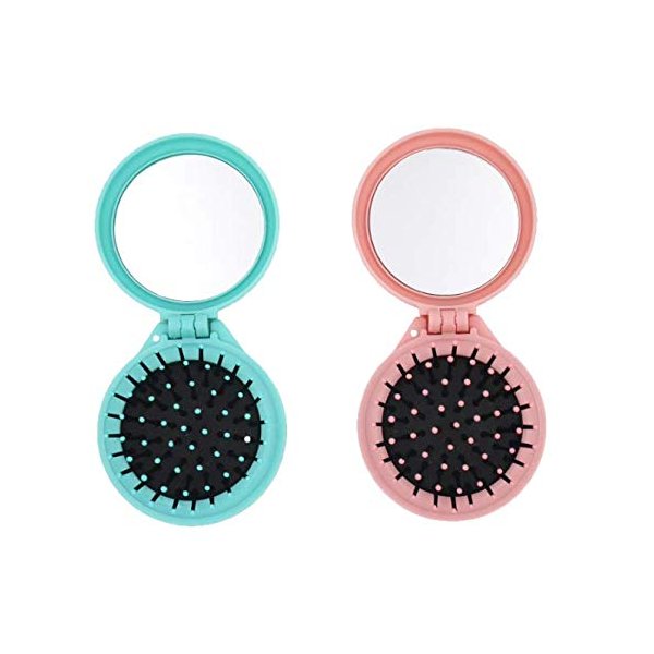 Aeyistry 2 Pcs Round Travel Hair Brush Mini Hair Comb with Make up Mirror Portable Folding Hair Brush for Travel(Pink,Blue)