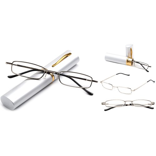 2 Packs - Pocket Readers Tube Reader in Case Silver Reading Glasses +2.50