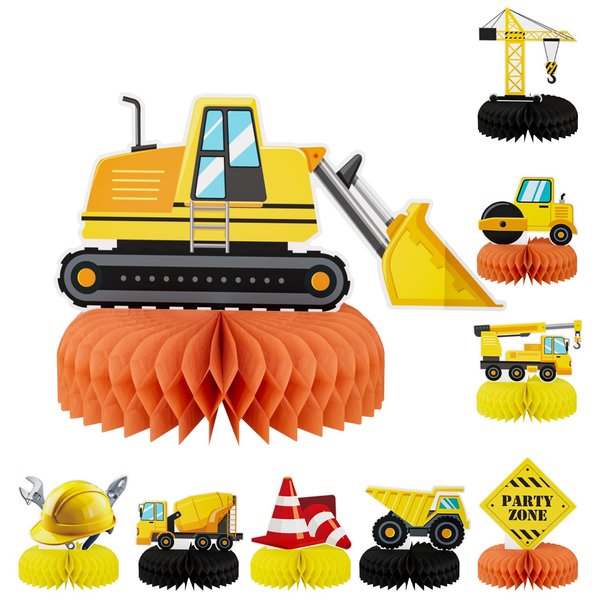 Adeyoo 9Pcs Construction Party Honeycomb Centerpieces Construction Vehicles Table Decorations Trucks Cars Centerpieces for Construction Theme Birthday Party Supplies