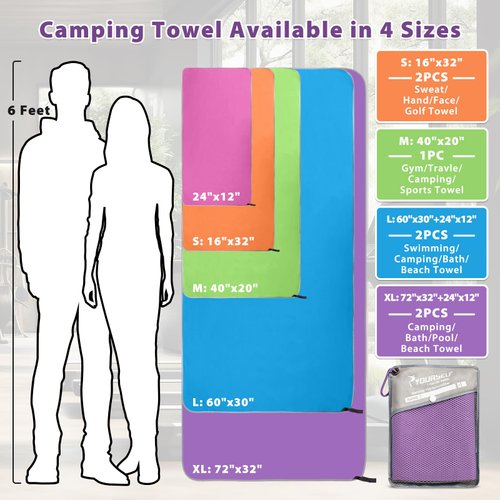 SYOURSELF 2 Pack Microfiber Camping Towel, Quick Dry Towel, Soft Absorbent Compact Travel Gym Workout Sweat Towel for Beach Yoga Swim Travel Camping Hiking Backpack Essentials (XL:72"x32"+12"x24")