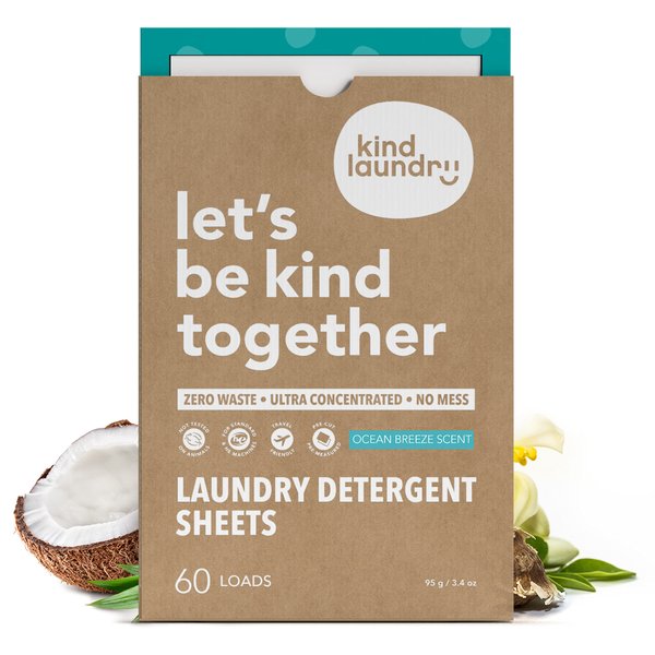 Kind Laundry Detergent Sheets Ocean Breeze, All Natural Travel Friendly Biodegradable Washing Eco Soap Strips and Chemical Free Formulation with Strong Cleaning Power (60 Loads)