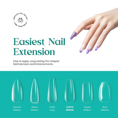 Beetles Gel Nail Kit Nail Tips 500Pcs Medium Coffin Pre Shaped Clear Full Cover False Nails for Gel Art Polish Soak Off Lamp Easy Nail Extensions Acrylic False Press on Nail Tips