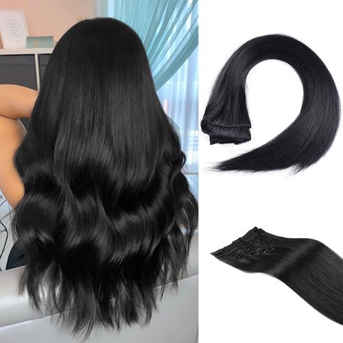 SILIERFUN Clip in Hair Extensions Real Human Hair, Jet Black Hair Extensions Real Human Hair Clip ins Straight, Premium Soft 8pcs Remy Human Hair Clip in Extensions for Women (#1 18 Inch)