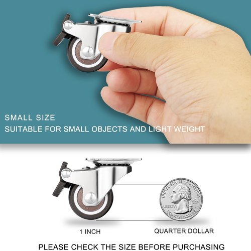 Small Caster Wheels 1 Inch, Low Profile 360 Degree Swivel Casters Set of 4, Little Rubber Base Rolling Plate Caster Wheels for Small Furniture(2 with Brakes & 2 Without),No Noise