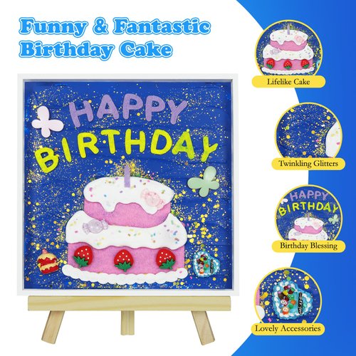 Kssiaz DIY Birthday Cake Mosaic Painting Kit, DIY Mosaic Arts and Craft Kits with Cream Glue Accessories, Handmade Sticker Painting Kit for Boys, Girls, Adults, Birthday Gift, Room Decor