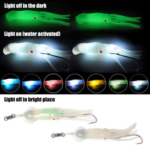 Dr.Fish Saltwater Squid Fishing Lures, 6" LED Fishing Lures 6/0 Hooks Squid Jig Halibut Lincod Jig Salmon Trolling Lures Deep Drop Light Flasher Offshore Lures Mackerel Tuna Striper Lures Green