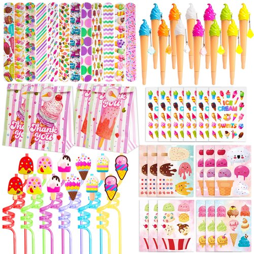 Erweicet Ice Cream Party Favors 72 PCS Ice Cream Slap Bracelets Pen DIY Stickers Straws Tattoo Stickers Gift Bags for Kids Girls Ice Cream Theme Birthday Party Gift Giving Sweet Summer Baby Shower