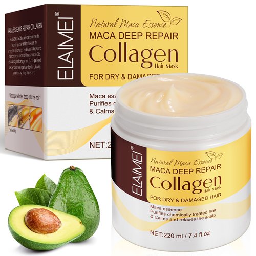 Collagen Hair Treatment Mask, Deep Repair Conditioning Hair Mask with Collagen, Maca, Avocado Oil for Dry / Damaged / Color-Treated Hair, Heat Protection, Hydrating for All Hair Types, 7.4 FL OZ