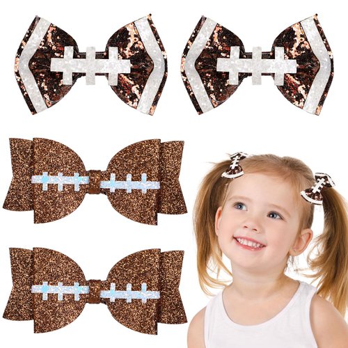 Whaline 4Pcs Glitter Football Hair Bow Clips Brown and White Football PU Leather Hairgrips Sparkly Alligator Clips for Sports Party Hair Accessories