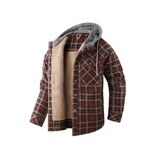 Mr.Stream Men's Hooded Coat Casual Thicken Long Sleeve Plaid Work Flannel Button Down Shirt Jacket 3252 Coffee M