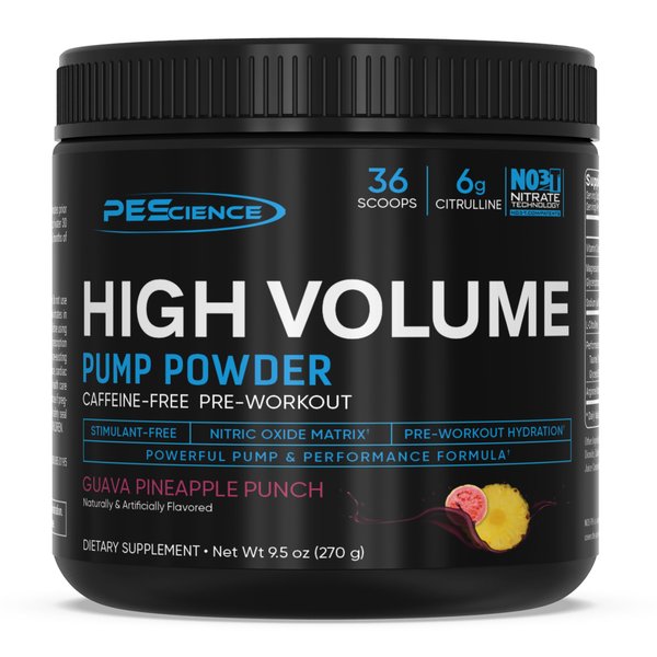PEScience High Volume Nitric Oxide Booster Pump Pre Workout Powder, Guava Pineapple Punch, 36 Scoops, Caffeine Free