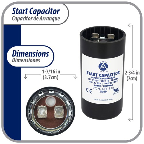 Appli Parts Motor Start Capacitor 161-193 Mfd (microfarads) uF 110-125 VAC Universal fit for Electric Motor Applications 1-7/16 in Diameter 2-3/4 in Height CON-161-110