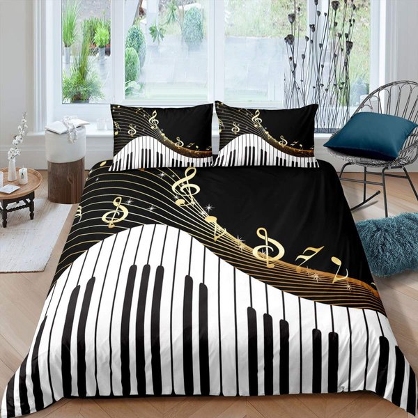 Feelyou Piano Pattern Comforter Cover Classic Music Themed Bedding Set for Boys Girls Children Musical Pattern Duvet Cover Geometric Stripe Room Decor Twin Size Quilt Cover 2Pcs