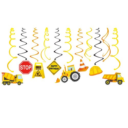 Kristin Paradise 30Ct Construction Hanging Swirl Decorations, Construction Trucks Birthday Theme Streamers, Traffic Zone Party Supplies, Kids Boy Toddler First Favors, Stop Sign Worker Decor