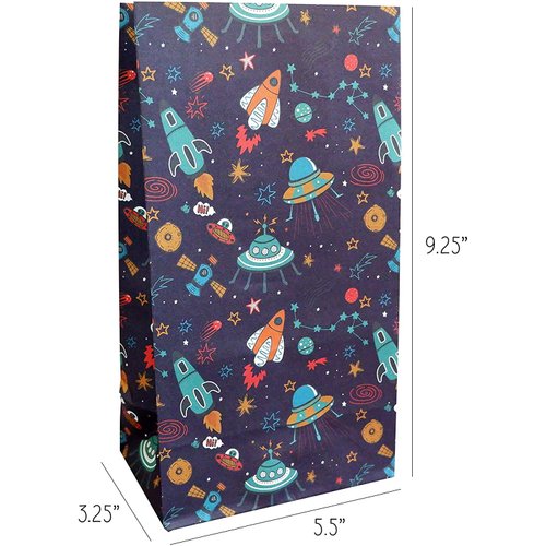 Outer Space Favor Bags - 24-Count Patterned Kraft Paper Goodie Gift Bags - Treat Bags and Party Supplies for Theme Party, Kids Birthday, Party Favor - 9.5" x 5.5" x 3.25"