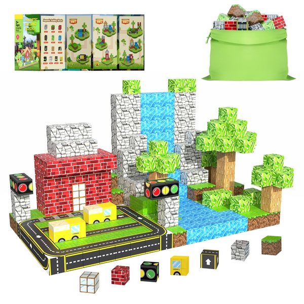 WSHIMIN 100PCS Magnetic Building Blocks for Kids Ages 4-8,Magnet STEM Sensory Toys- Mine World Build Set,Tiles Road Track,Christmas Birthday Gifts Toy