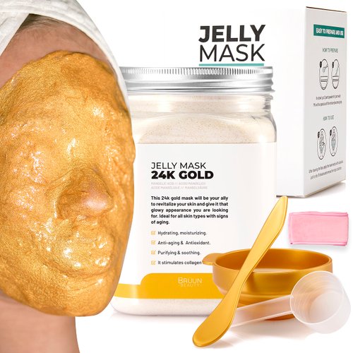 BRÜUN Jelly Mask Jar 24k Gold Mandelic AC AHA Peel-Off Face Care Rubber Mask | 23 fl oz Skin Care Moisturizing Gel Mask Jar Spa Set