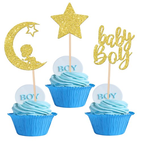 24 PCS Baby Shower Boy Cupcake Toppers with Moon Star Glitter Baby Boy Cupcake Picks Decorations for Baby Shower Boys Birthday Party Supplies Gold