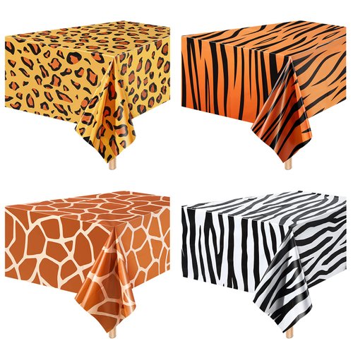 Animal Safari Tablecloth Jungle Animal Theme Tablecover Tiger Zebra Giraffe Print Table Cover Tropical Leaf Tablecloth Party Supplies for Jungle Safari Birthday Baby Showers (Leopard Style, 4 Pcs)