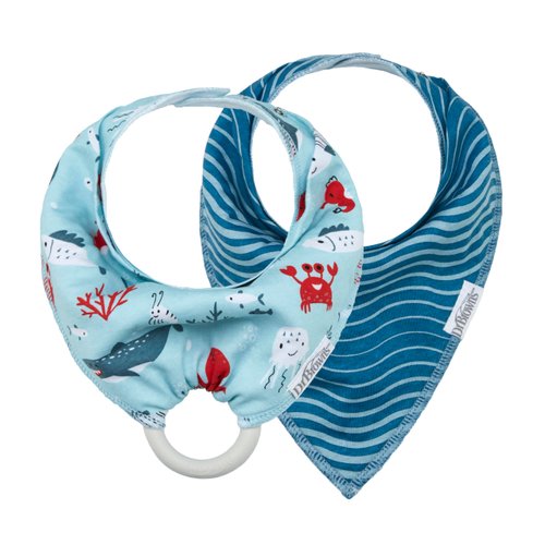 Dr. Brown's Bandana Bibs with Snap-On Removable Teether, Cotton Baby Bib with Soft Fleece Lining for Teething & Drooling, Sea Creatures/Waves, 2 Pack, 3m+