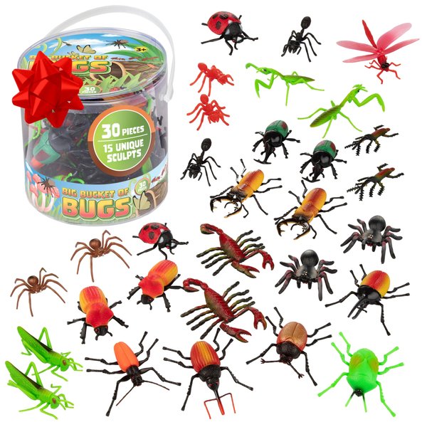 Toy Bug Action Figure Playset - 30pcs with 15 Unique Giant Insects - Grasshoppers, Tarantulas, Spiders & More- 2-4" Realistic Fake Bugs, Great for Pranks, Stocking Stuffers, & Xmas Gifts for Kids