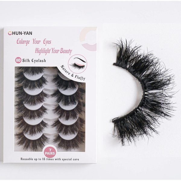 CHUN-YAN False Eyelashes Cat-Eye Fluffy Faux Mink Lashes 8D Wispy Lashes 7 Pairs Pack Dramatic Long Thick Volume Fake Eye Lash Multipack