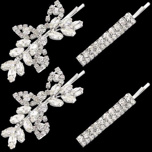 4 Pieces Bridal Hair Clips, Rhinestone Hair Accessories Leaf Wedding Hair Pins Crystal Bobby Pins Silver Hairpin Jewelry Barrette for Brides Bridesmaids Flower Girls (Classic Type)