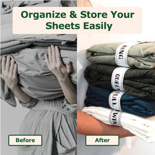 Bed Sheet Organizer and Storage Size Label Bands | Sheets Set Organizers for Linen Closet - Labeled Elastic Bedding Sheet Keepers Straps for Organizing Foldable Bedsheet Sets (Queen 4PCs Pack | Cream)