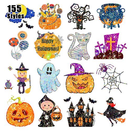 Partywind Glitter Temporary Tattoos for Kids Halloween Party Supplies, 155 Styles Halloween Tricks Games for Trick or Treat Party, Halloween Goodie Bag Stuffers Fillers Toys for Children (15 Sheets)