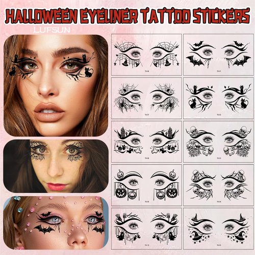 Halloween Temporary Tattoos Stickers 10 Pcs Eye Shadow Face Makeup Decals Spider Web Cat Pumpkin Bat Gothic Fake Tattoos Eyeliner for Women Man Girl Halloween Party Essential Supplies