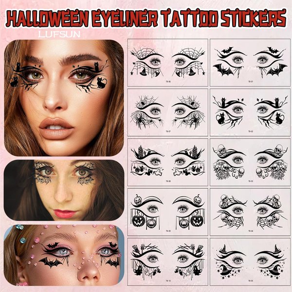 Halloween Temporary Tattoos Stickers 10 Pcs Eye Shadow Face Makeup Decals Spider Web Cat Pumpkin Bat Gothic Fake Tattoos Eyeliner for Women Man Girl Halloween Party Essential Supplies