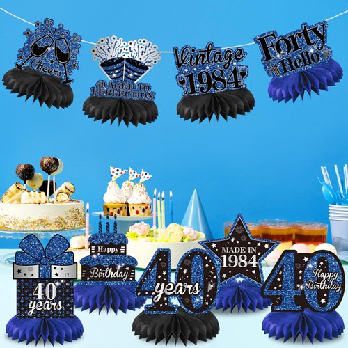 9PCS Blue Black 40th Birthday Decorations Vintage 40th Birthday Honeycomb Centerpieces, Blue Black Happy 40th Birthday Table Toppers Centerpieces for Men Women Vintage 1984 Birthday Party Decorations