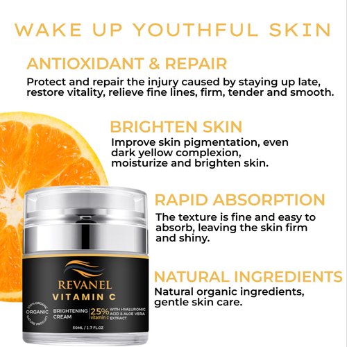 REVANEL Vitamin C 100% Organic Cream 25% Vitamin C With Hyaluronic Acid And Aloe Extract Lightweight Daily Face Moisturizer for Glowing Skin 50ml /1.7 fl.oz.