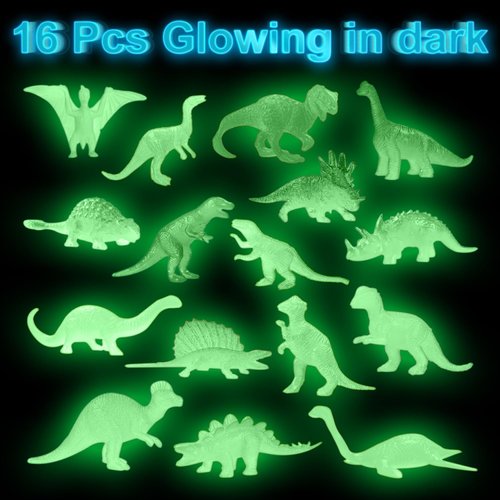 16PCS Glow in Dark Mini Dinosaur Figures for Kids Birthday Party Favors Supplies Dino Cupcake Topper Goodie Gift Treat Bag Stuffers Pinata Fillers Treasure Box Carnival Prizes Small Bulk Toys Trinkets