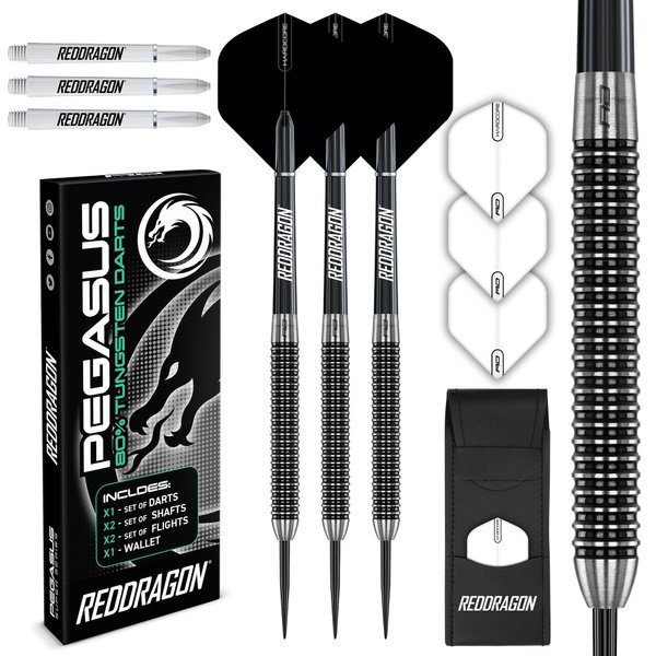 RED DRAGON Pegasus Tungsten Steel Darts Set - 30 Gram - White Shafts, White Extra Thick Flights and Case