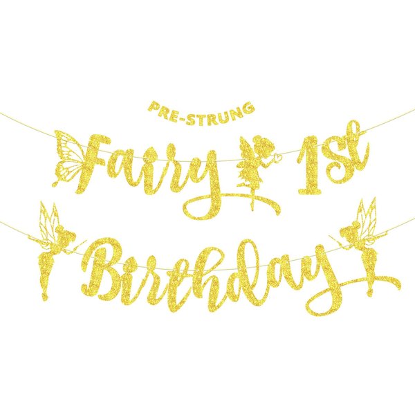 Ushinemi Pre-Strung Fairy First Birthday Decorations, NO DIY Gold Glitter Fairy Birthday Party Banner 1st Fairy Theme Party Supplies