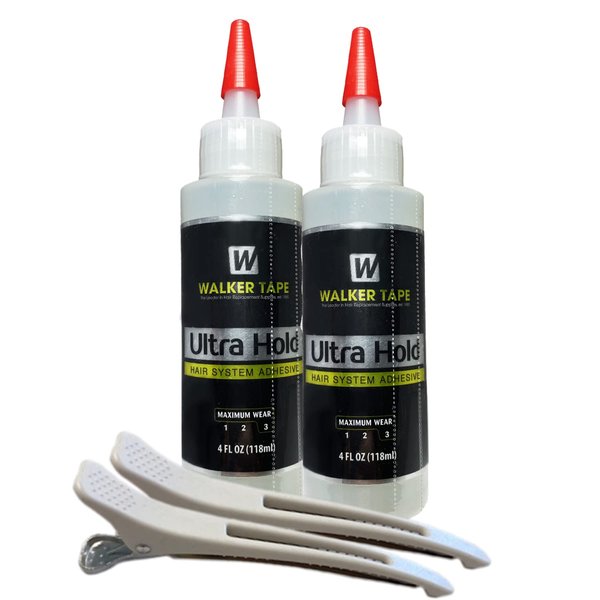 2pcs Ultra Hold Hair System Adhesive 4oz w/ 2pcs White Hair Clip Bundle Pack | Waterproof Invisible Long-Lasting | Front Bonding Weave Toupees Wigs Extensions Lace Wig Glue | Bold Hold Adhesive