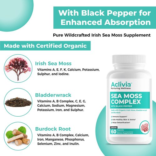 Aclivia Certified Organic Irish Sea Moss Capsules with Bladderwrack, Burdock Root, and BioPerine, Pure Wildcrafted Sea Moss Supplement, Vegan, Non-GMO, 60 Counts Seamoss Capsules