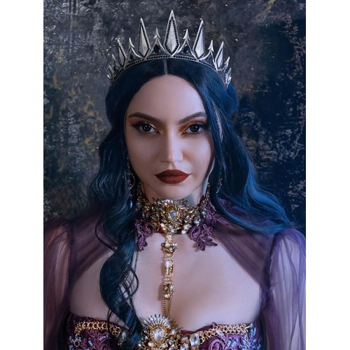 SWEETV Gothic Crowns for Women Black Tiara Queen Crown Witch Hair Accessories for Costume Halloween Prom Party, Silver