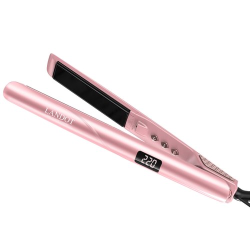 Flat Iron Hair Straightener and Curler: LANDOT Ceramic Hair Straightening Iron - Dual Voltage 1-inch Hair Styling Tools for Straighten Curl Wave Hair - Rose Gold
