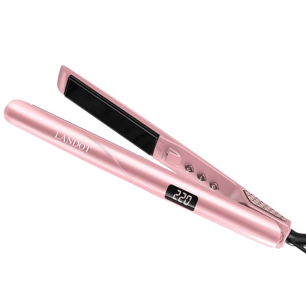 Flat Iron Hair Straightener and Curler: LANDOT Ceramic Hair Straightening Iron - Dual Voltage 1-inch Hair Styling Tools for Straighten Curl Wave Hair - Rose Gold