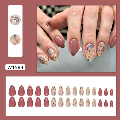 Almond Press on Nails Short Fake Nails with Fall Flower Design Glossy False Nails Acrylic Nails Full Cover Glue on Nails Reusable Floral Stick on Nails Kit for Women Girls DIY Flower Nails Art,24Pcs
